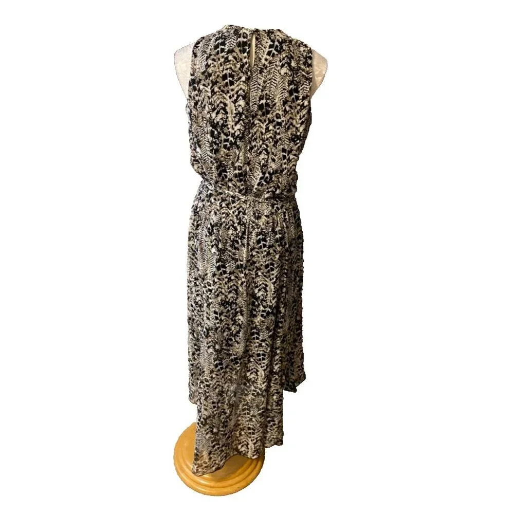 MSK Midi Dress 14 Black Cream Brown Flowy W Tassel Belt Washable Sleeveless